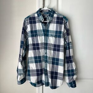 Express Men’s Fitted Long Sleeve Plaid Green Button Up Shirt Academia Preppy